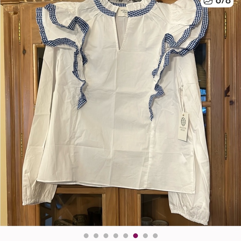 Hyacinth House Chic White Blouse with Blue Ruffle Trim - Picture 5 of 7